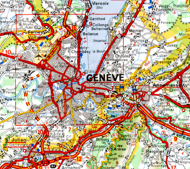 Detailed road city map of Geneva Switzerland for geography and travel.