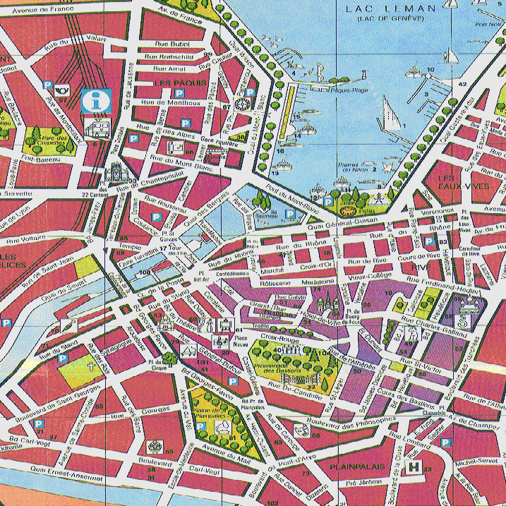 Basic city map of Geneva Switzerland for walking travellers and sightseeing backpackers.