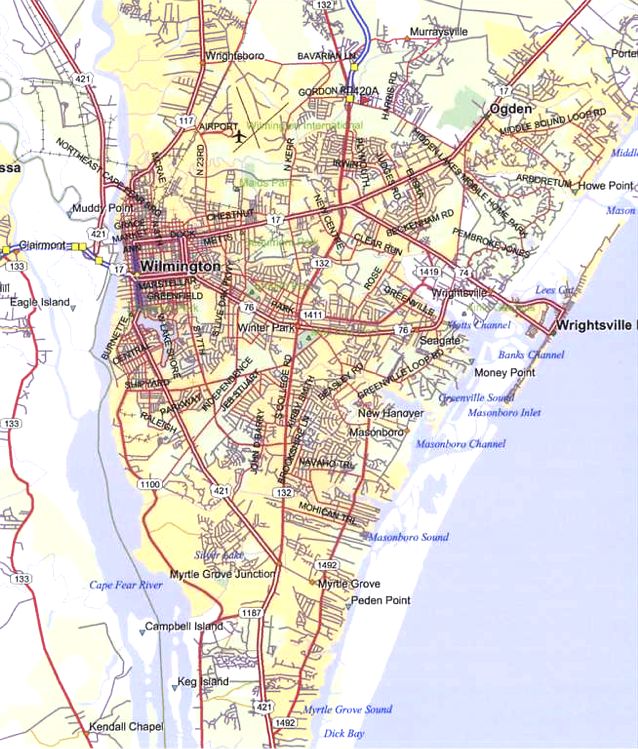 In-depth map of Wilmington NC city map with full labelling.