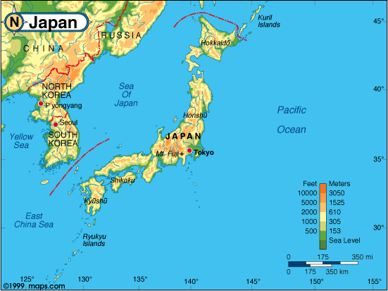 Physical features map of Japan showing elevation and major landforms.