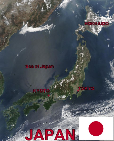 Physical features map of Japan from satellite image.