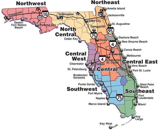 Florida State Road Map showing the different regions of the state.