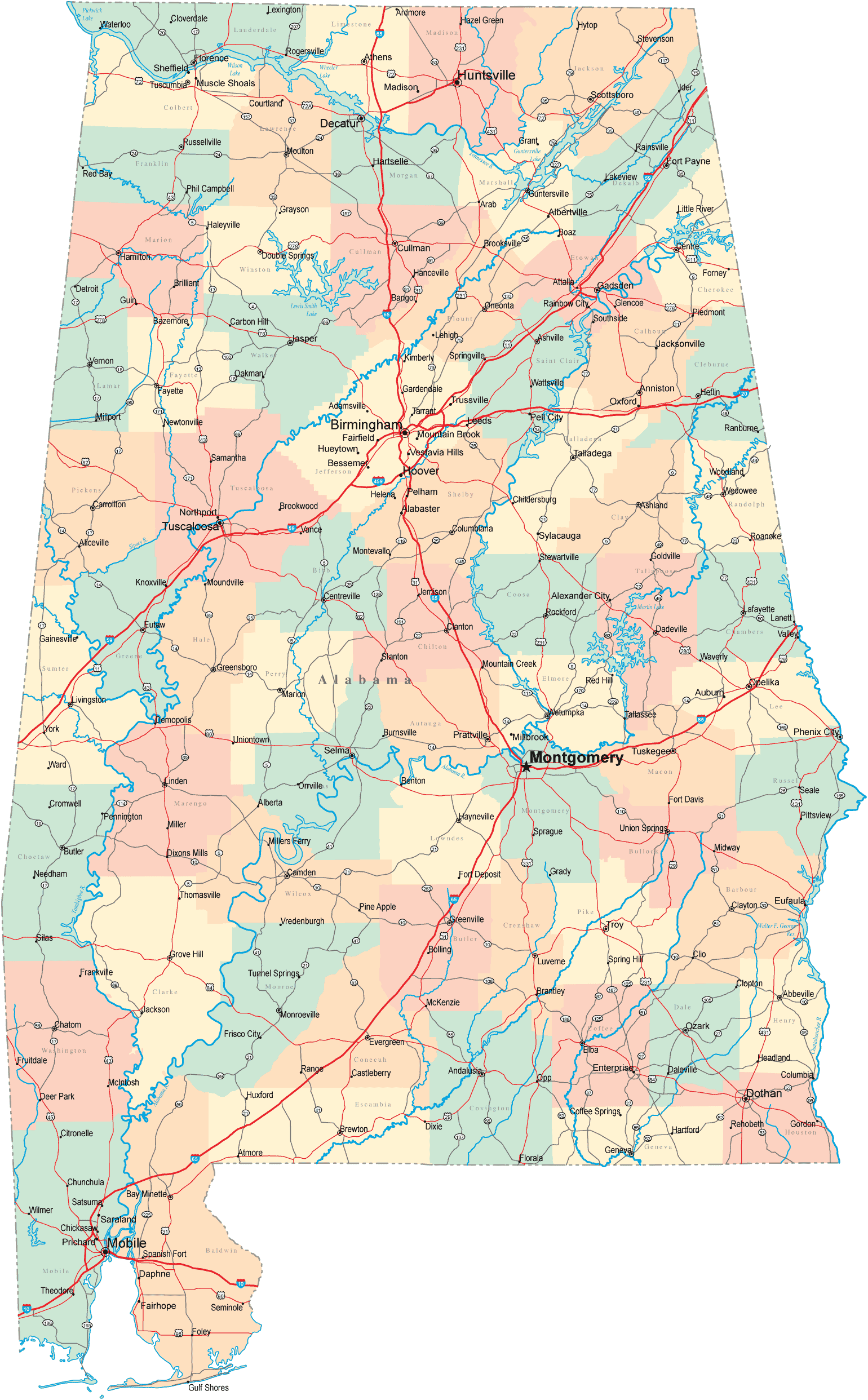 Large detailed state of Alabama road map downloadable file.