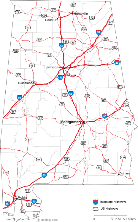 Basic printable state of Alabama road map showing main roads.