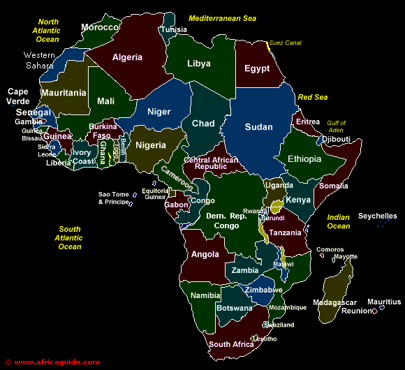 Black background solid color map of Africa printable for free.