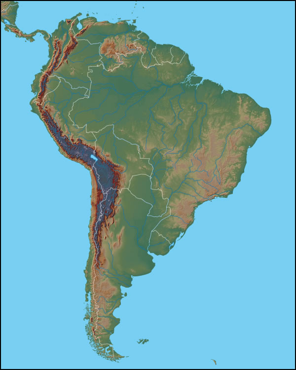 Satellite image South America physical map showing elevations with no country labelling.