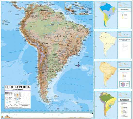 Detailed map of South American physical features like elevations show, but also political info and boundaries.