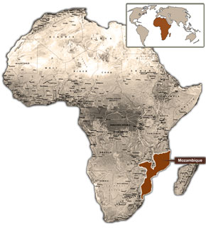 Small Africa physical features map showing contours, with Mozambique emphasized.
