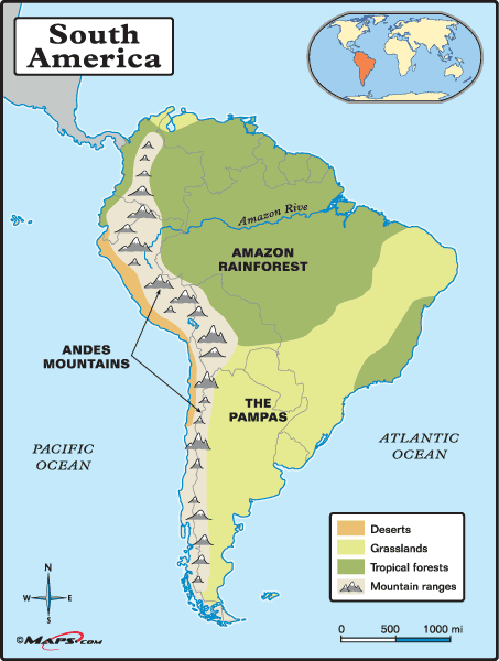 Physical map of South America very detailed, showing The Amazon Rainforest, The Andes Mountains, The Pampas grasslands, and the coastal desert.