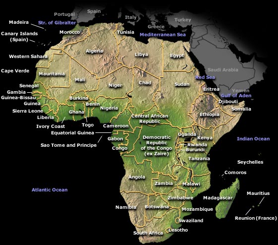 Political and physical map of Africa showing borders and country names but also contours and land forms.