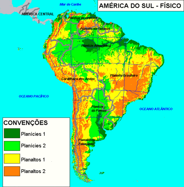 Detailed physical map of South America in Spanish with elevations and regions labelled.
