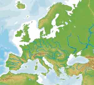 Smaller version of map physical of Europe with rivers emphasized.