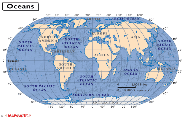 Blue and orange world map of the seven continents and oceans surrounding them.